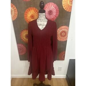 Woman’s Burgundy Smock Bodice MIDI Dress W/Peasant Sleeves Boho Chic Sz M